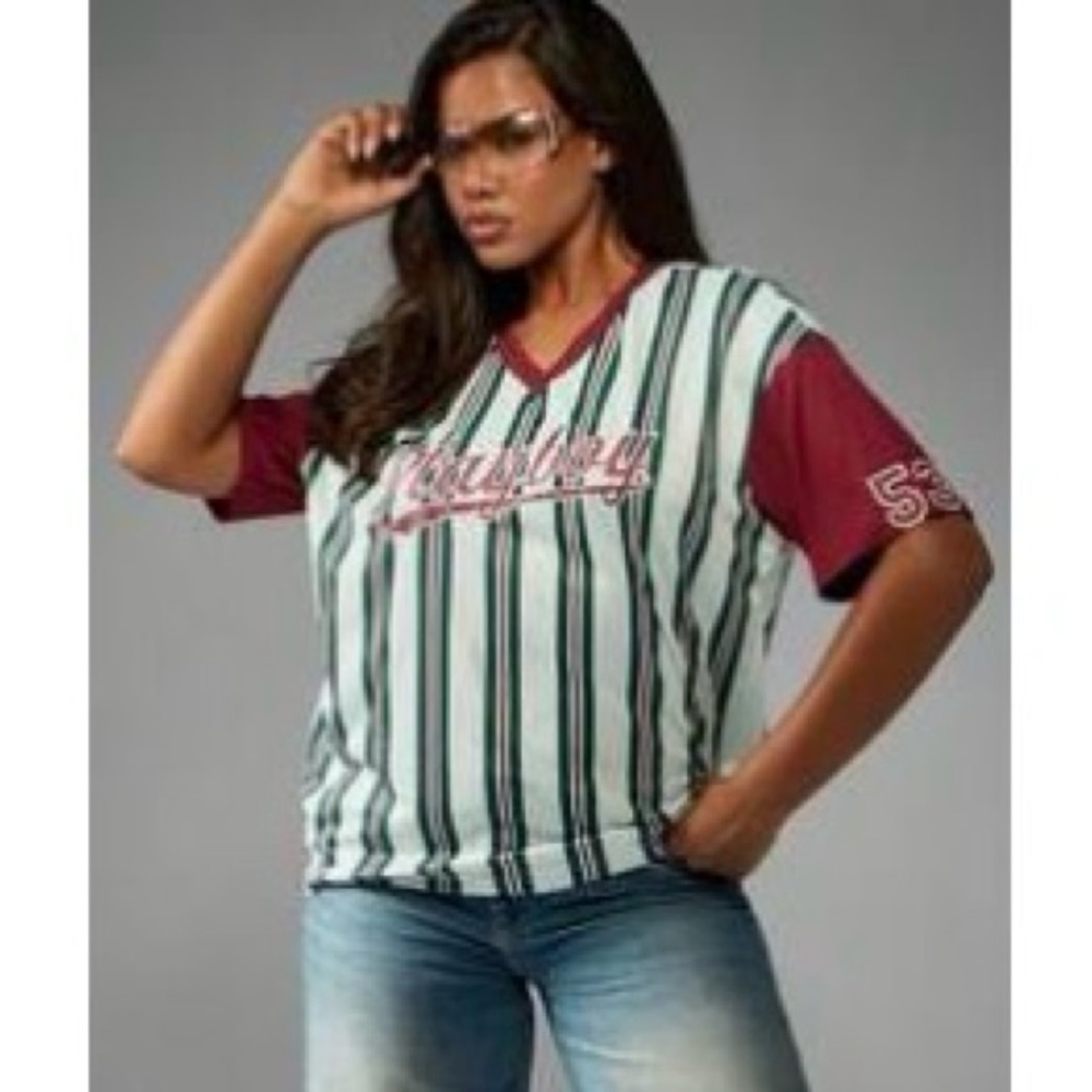 PLAYBOY Maroon and Green Striped Jersey Top